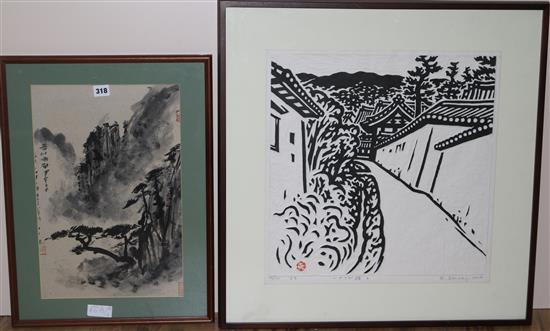 A Japanese signed print and a Chinese ink painting
